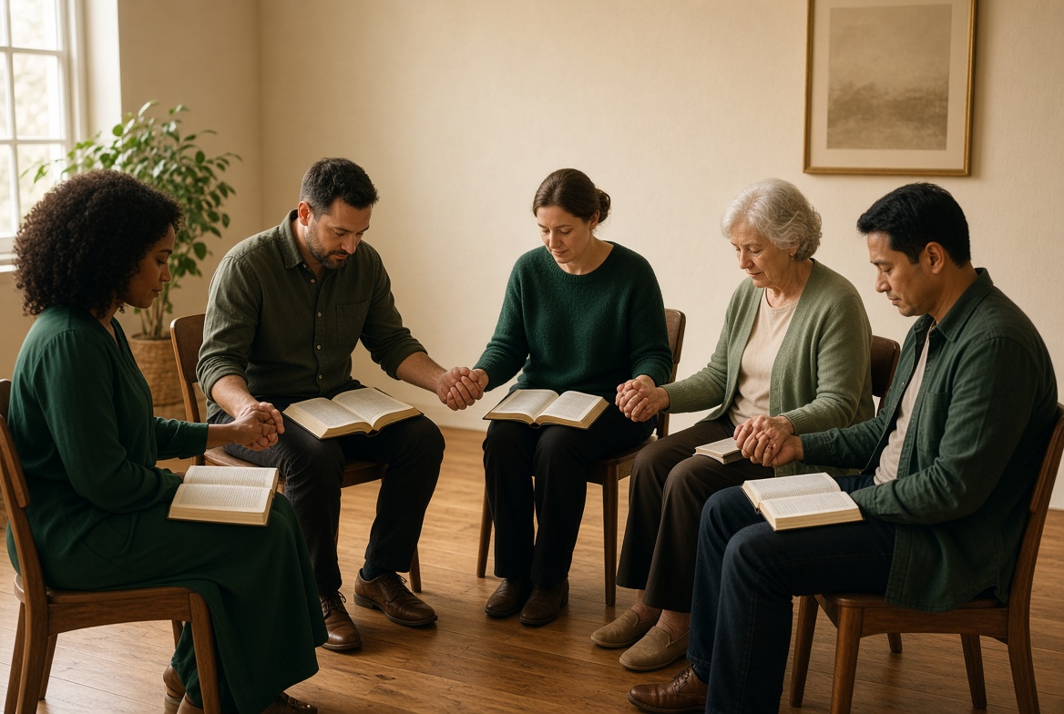 A small group praying together with open Bibles