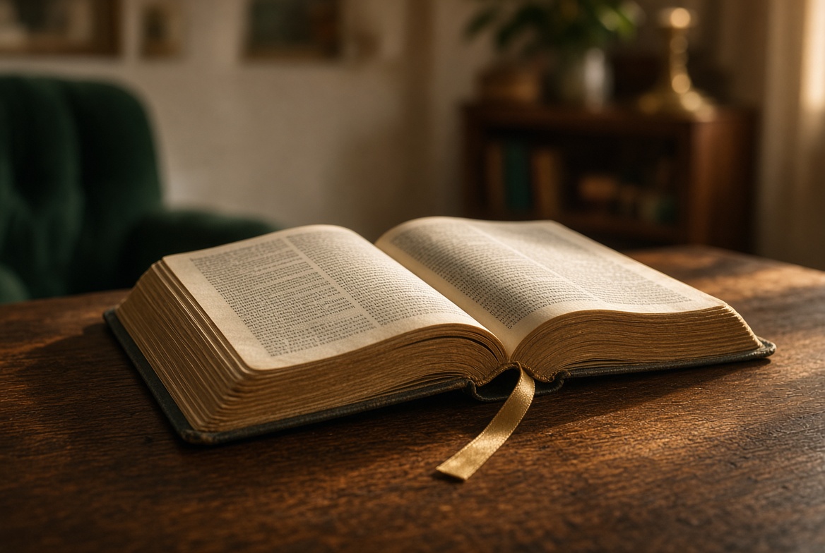 Open Bible on a wooden table in warm light